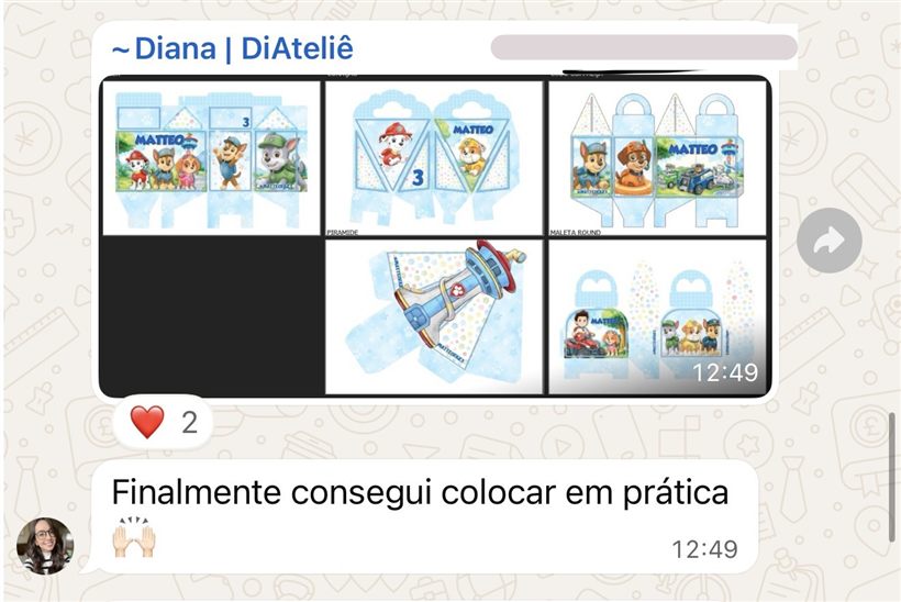 Print do grupo de alunas: Diana, do DiAteliê, mostrando o kit Matteo e dizendo que finalmente conseguiu colocar em prática