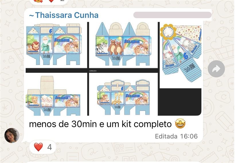 Print do grupo de alunas: Thaissara mostrando kit Benjamim completo, tema Arca de Noé, com a mensagem menos de 30min e um kit completo